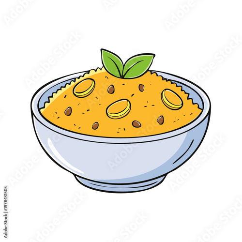 Wholesome bowl of savory porridge topped with nuts and fresh green herb