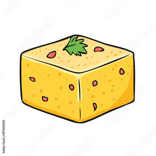 Bright yellow cube shaped cheese with green herb garnish and red specks