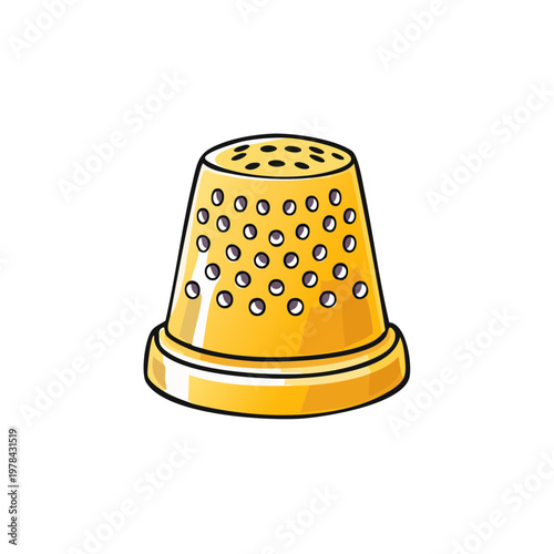 Yellow metal thimble with many small holes, used for sewing and protecting fingers