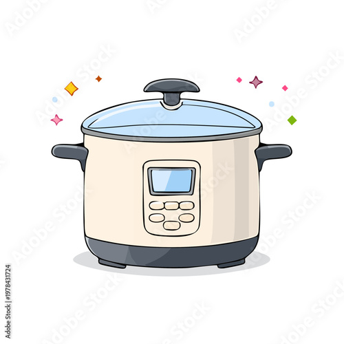 Cartoon illustration of a modern electric pressure cooker with glowing sparkles