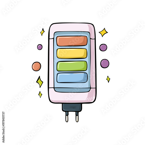 Colorful cartoon style power bank icon with glowing stars and bubbles