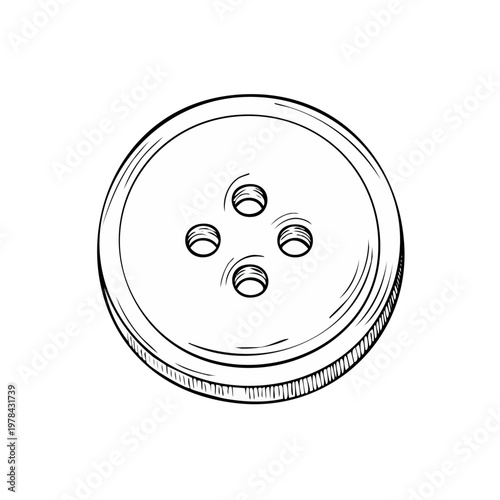 Hand drawn sketch of a classic four hole sewing button with shading detail isolated on white background