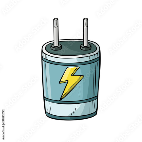Cartoon capacitor with yellow lightning bolt symbol and metal terminals
