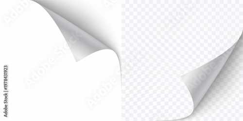 Curled page corner isolated on transparent and white background. Blank curve paper edge, bent sheet, note angle with realistic shadow. Vector rolled up stickers, peel banners