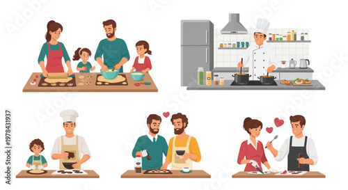 Diverse people cooking together, family, couples, chef, kitchen scenes
