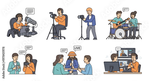 Diverse people creating content: podcasting, filming, music, interviews, live streaming