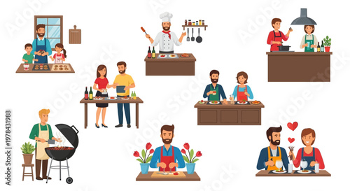 Diverse people cooking, grilling and enjoying food together in various settings