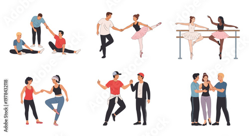 Diverse people dancing, exercising, and learning together in various styles