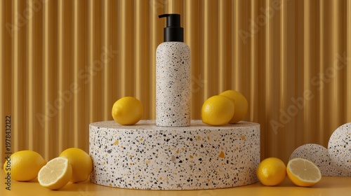 Cosmetic bottle, lemons, and geometric pedestal