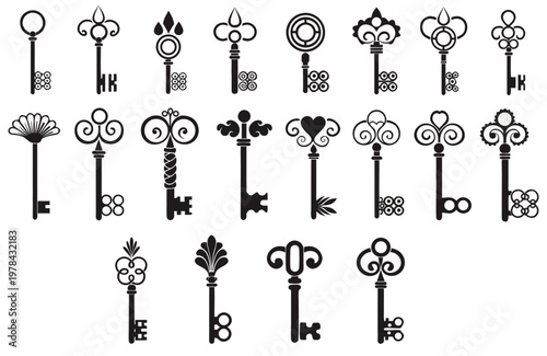 Vintage collection of antique metal skeleton keys and door lock icons featuring black victorian silhouette shapes and vector security symbols for house design patterns
