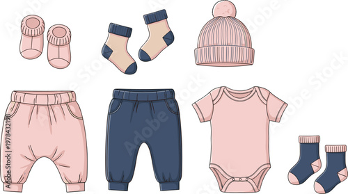 Baby clothes set including bodysuit, pants, socks and hat, cute newborn apparel collection isolated vector illustration for kids fashion design
