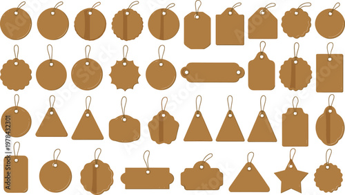Set of blank kraft paper tags with strings in various shapes, vintage label collection isolated vector illustration for branding and packaging design