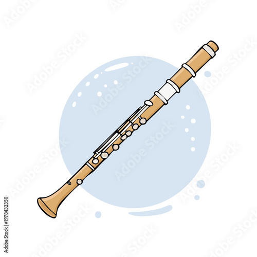 Simple illustration of a wooden clarinet with a light blue circular background and bubbles
