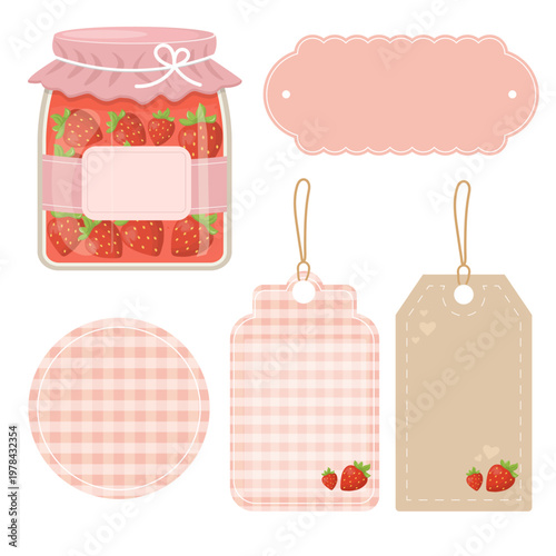 Strawberry Jam Packaging Set with Jar Labels and Gift Tags Flat Vector