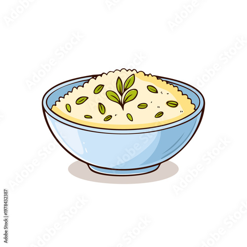 Light blue bowl filled with creamy porridge topped with fresh green herbs and seeds