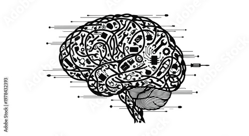 black and white brain with swirling patterns