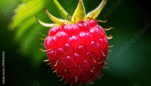 Close-up of a Ripe Raspberry with Green Leaves in Background.