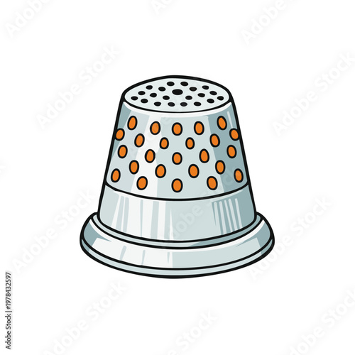 Illustration of a metal thimble with orange dot pattern for sewing and tailoring