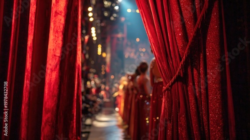 backstage. Stage curtains with performers in sparkling costumes waiting in wings, theatrical lighting. event programs, museum guides, designed for cultural heritage projects and event programs.