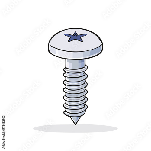 Single metal screw with star shaped recess on its head standing upright with shadow