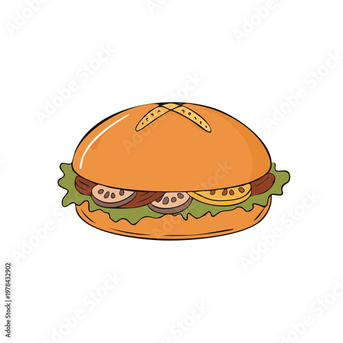 Hand-drawn illustration of a delicious burger with lettuce, tomato, and meat