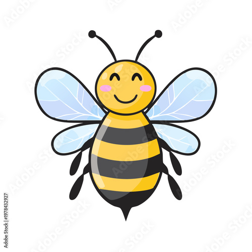 Happy cartoon bee with yellow and black stripes and transparent wings smiling cheerfully
