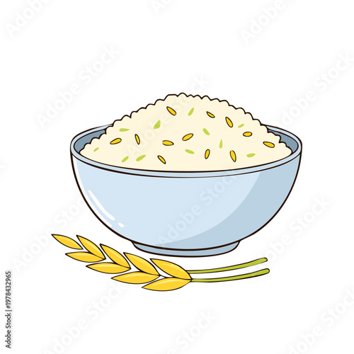 Light blue bowl filled with cooked white rice and oat grains with two oat stalks