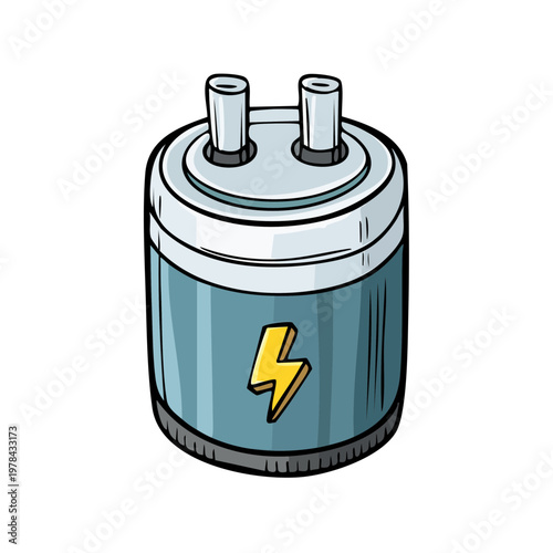 Cartoon electronic capacitor with lightning bolt symbol and metal terminals