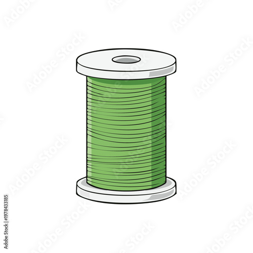 Green thread wound around a spool with white ends isolated on a white background