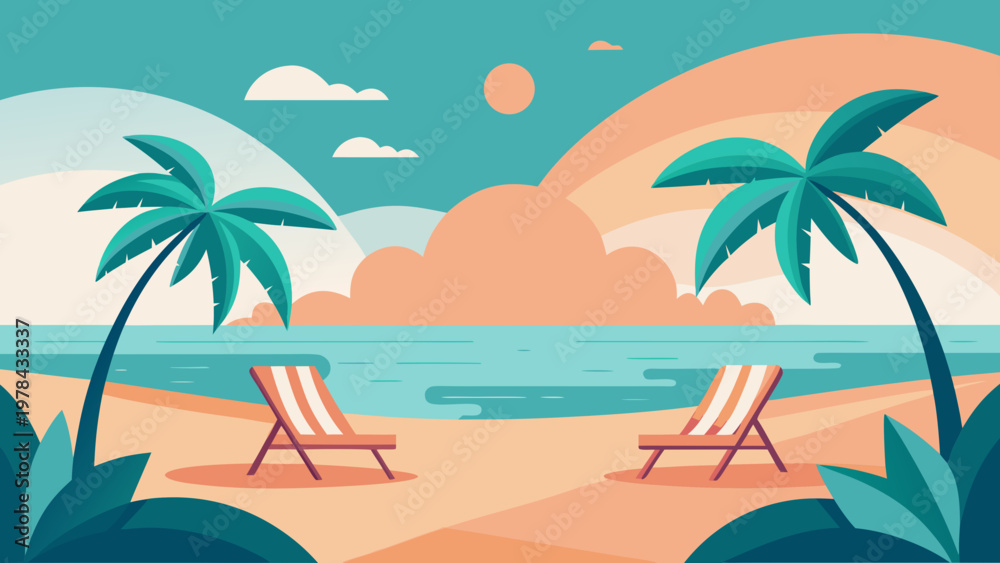 Fototapeta premium Tropical Beach Chairs Relaxation Flat Vector