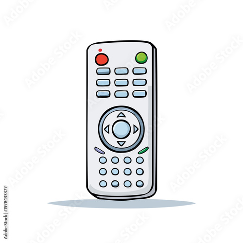 Cartoon illustration of a white television remote control with many buttons
