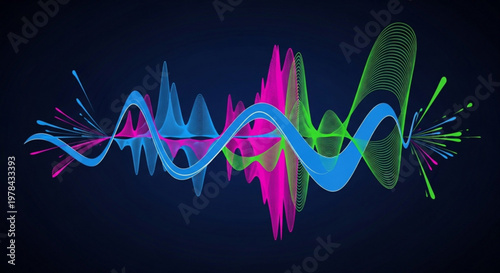 Vibrant sound wave graphic with blue pink and green hues on dark background conveying energy and technology