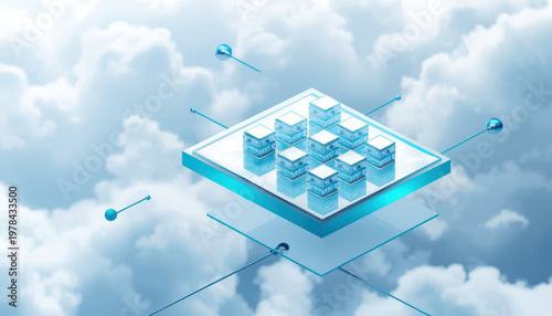 Premium abstract visualization of SaaS platforms and cloud storage. Floating isometric frosted glass platforms support neatly organized glowing data blocks in a bright, airy tech aesthetic 