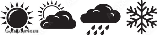 Weather Icons Set: Sun, Cloudy Sun, Rain Cloud, Snowflake, Meteorology Symbols, Forecasting Graphics, Climate Icons
