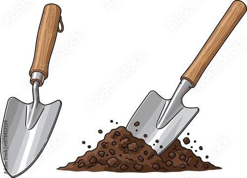 Garden shovel with soil pile, hand tool for digging and gardening work illustration isolated vector for agriculture, farming and outdoor design