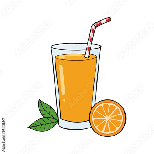 Refreshing orange juice in a tall glass with a striped straw and fresh fruit garnish