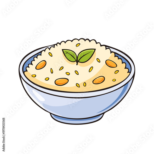 Bowl of rice porridge topped with fresh green leaves and nuts