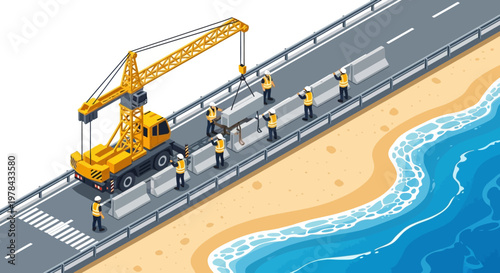 Isometric illustration of construction workers building a road along a beach with a crane