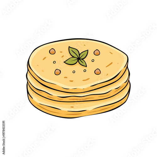Hand drawn stack of golden pancakes with mint leaf and nuts