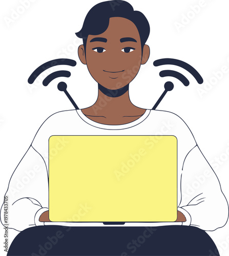  Person sitting with laptop but back shaped like WiFi signal curves, flat vector illustration, bold black outline, minimal design, white background 2