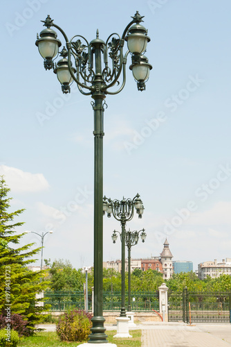 Decorative street lightsin park of Parlament palace in Bucharest, Romania