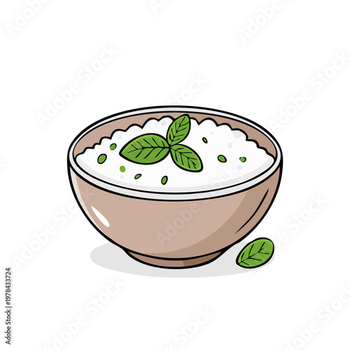 Healthy breakfast bowl of cottage cheese with fresh green basil leaves and herbs