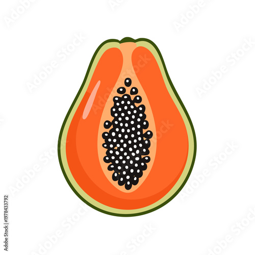 Freshly cut papaya fruit showing vibrant orange flesh and black seeds isolated on white background