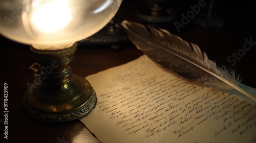 emancipation. A 19th century study with a quill pen and an aged manuscript on a desk. event programs, museum guides, designed for cultural heritage projects and event programs, preserves heritage.