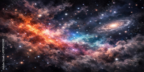 An abstract cosmos background captures the mystery of a dark nebula cloud and glowing stars within the infinity of a science fiction universe