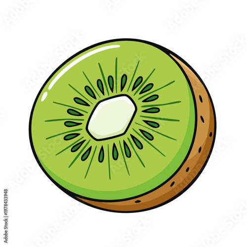 Fresh cross section of a vibrant green kiwi fruit with small black seeds and a brown fuzzy peel
