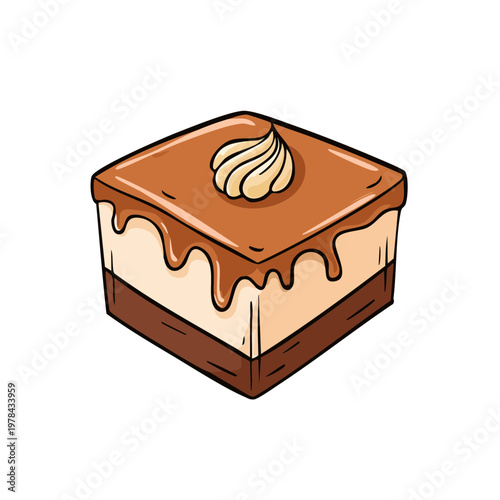 Delicious square dessert with caramel glaze and cream swirl topping