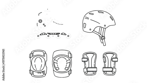 Safety Set Essentials: An illustration of essential protective gear for inline skating, encompassing a helmet, knee pads, and elbow pads.