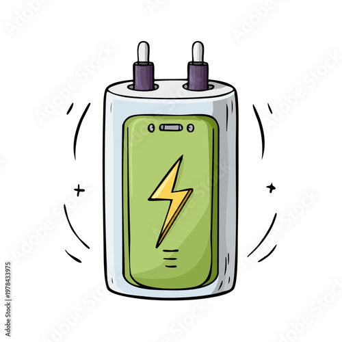 Hand drawn illustration of a modern power adapter with a lightning bolt symbol indicating energy and charging