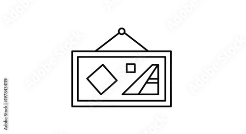 A minimalist line drawing depicts a framed artwork with geometric shapes inside hanging on a wall